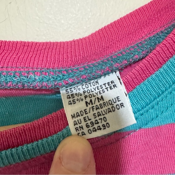 Unisex Striped Teal and Pink Shirt Vintage Single Stitch Cotton T-Shirt Size M - Picture 10 of 16